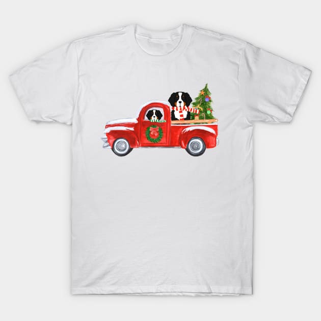 Christmas Bernese Mountain Dog Red Truck T-Shirt by emrdesigns